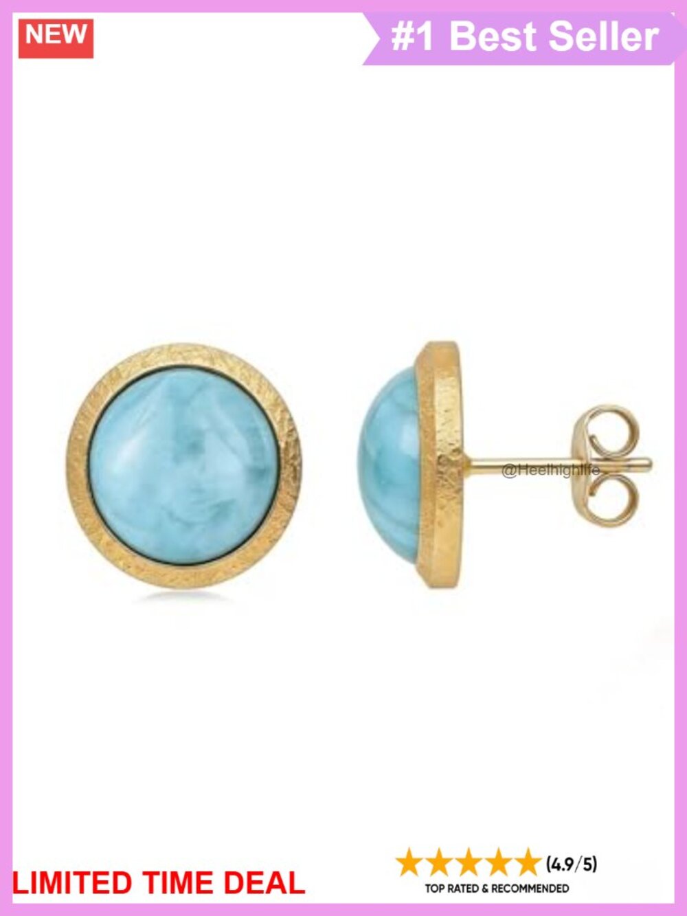 14K Gold Plated Larimar Stud Earrings Round Gemstone 10mm